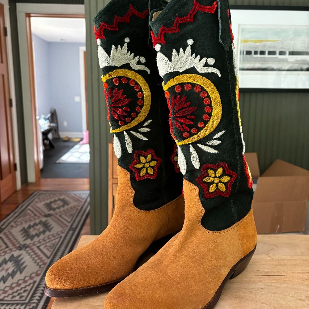 Free People Embroidered Green and Tan Roundhouse Stitch Cowboy Boots